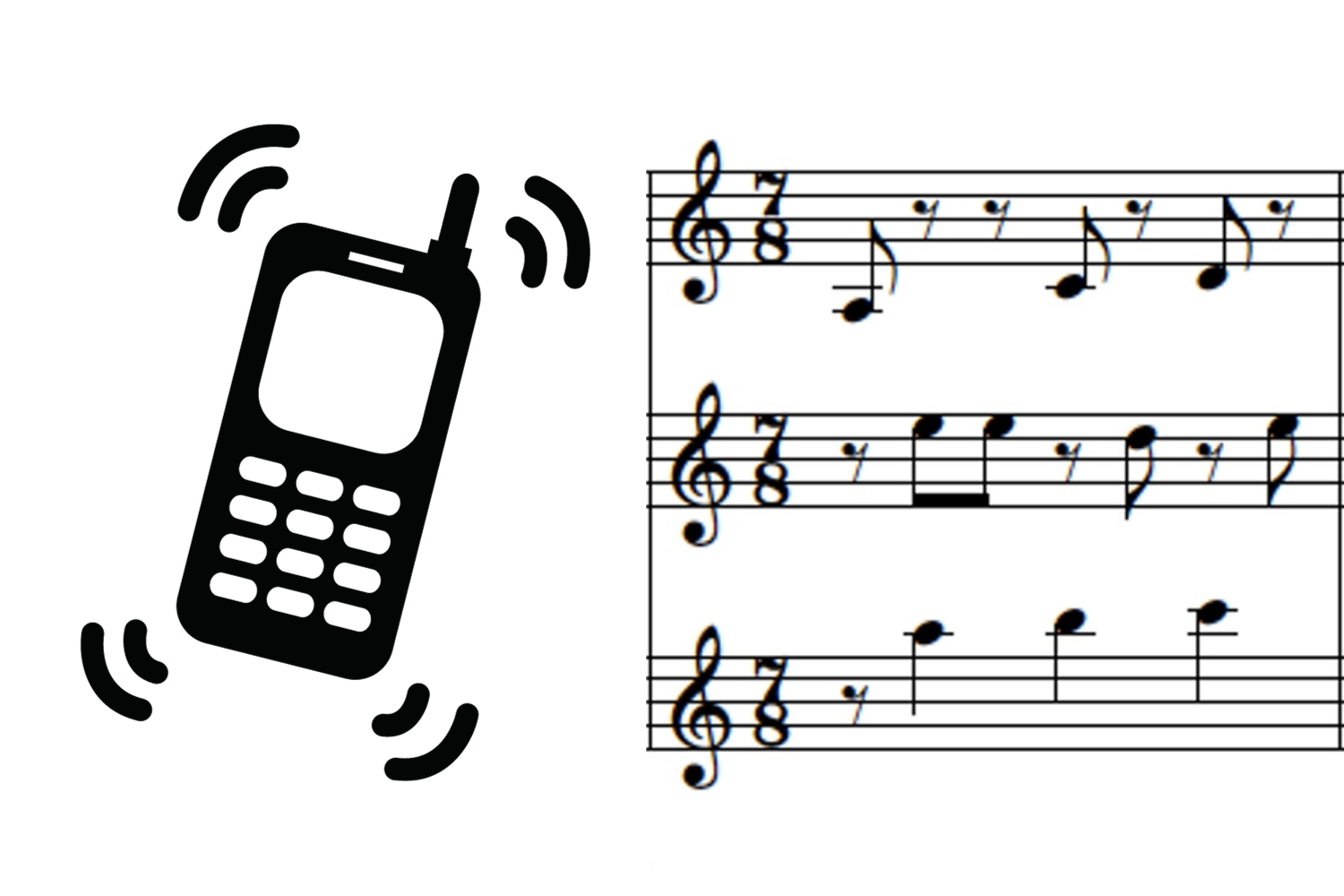 Symbolbild Klingelton: Grafik eines Handys und erster Takt der Noten in schwarz weiß