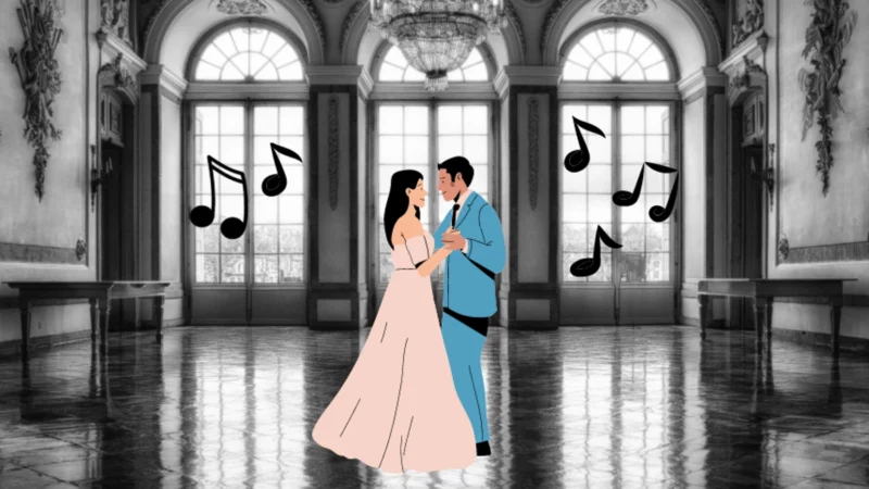 Collage erstellt mit Canva: Schwarzweißfoto eines Ballsaals. In der Mitte die Grafik eines Tanzpaares. Rechts und links neben dem Paar in den hohen Fenstern sieht man Grafiken von Musiknotation.