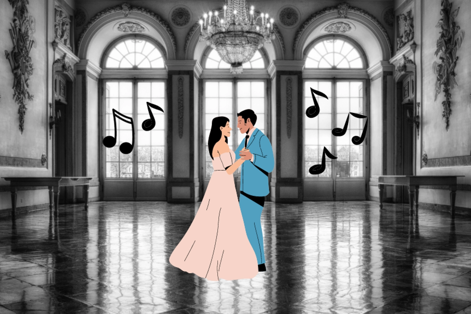 Collage erstellt mit Canva: Schwarzweißfoto eines Ballsaals. In der Mitte die Grafik eines Tanzpaares. Rechts und links neben dem Paar in den hohen Fenstern sieht man Grafiken von Musiknotation.